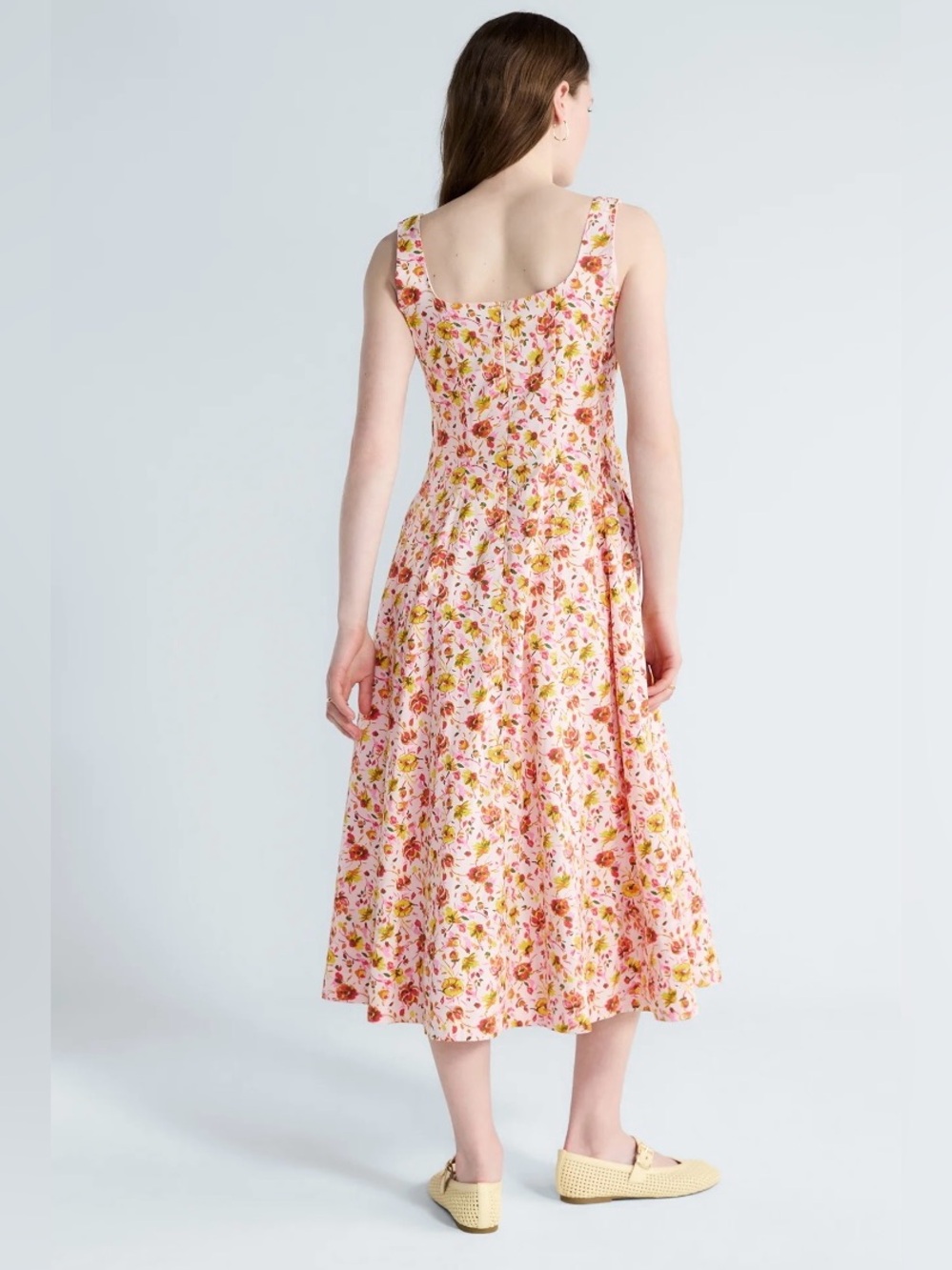 NWT Free Assembly Pink Floral Square Neck Cotton Midi Dress Fit & Flare Sz Small - Picture 3 of 9